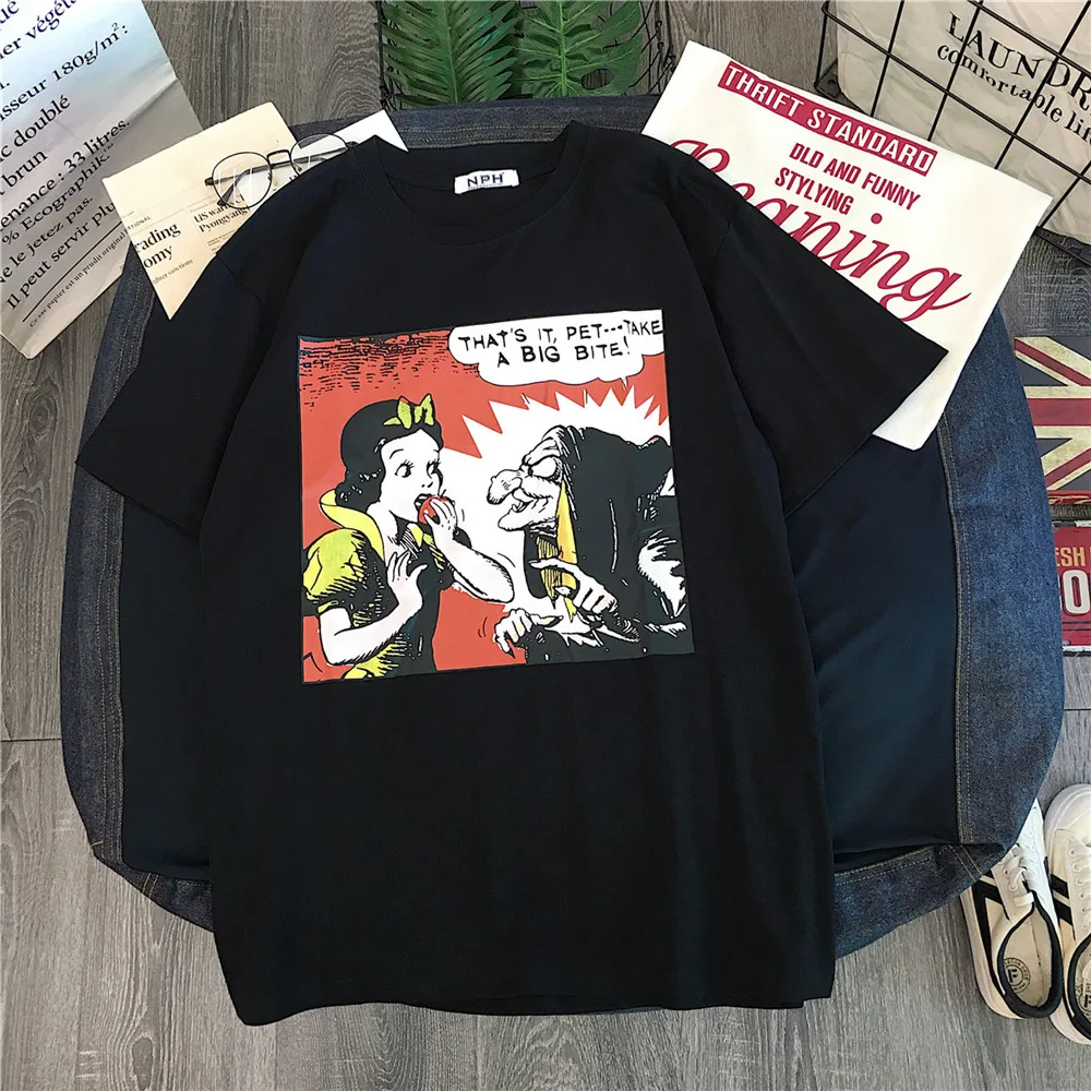 Harajuku/футболка с мультипликационным принтом, подходит ко всему, модная летняя футболка с коротким рукавом, женские милые студенческие черно-белые футболки