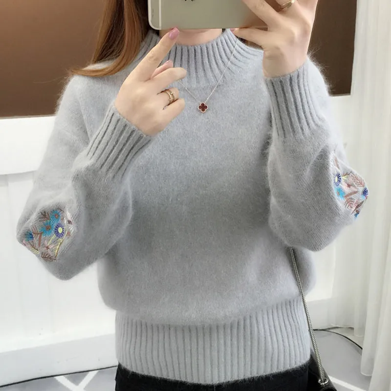 2019 Autumn Winter Sweater Women Casual Embroidery Pullovers Female Korean Half Turtleneck Long Sleeve Warm Knit Tops Pull Femme | Женская