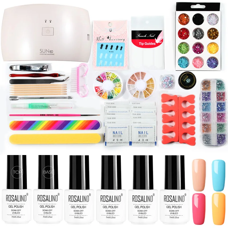 RC00-4GELS21TOOLS-08 ROSALIND наборы для гелевых ногтей с лампой Набор для маникюра инструменты для ногтей верхнее Базовое покрытие полуперманентный праймер дизайн ногтей гель лак гибридный набор - Color: RC00-4GELS21TOOLS-08