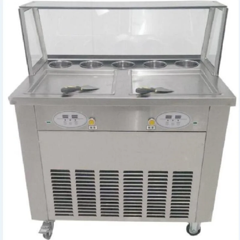 

Free Shipping By Sea 110V 220v Double Square Pans With 5 Topping Tanks Of Fried Ice Cream Roll Machine With R410A Refrigerant