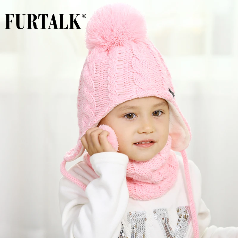 FURTALK, детская зимняя шапка с помпоном, комплект с шарфом для девочек и мальчиков, детская трикотажная шапка, мягкая теплая шапка с помпонами и ушками, Милая зимняя детская шапка