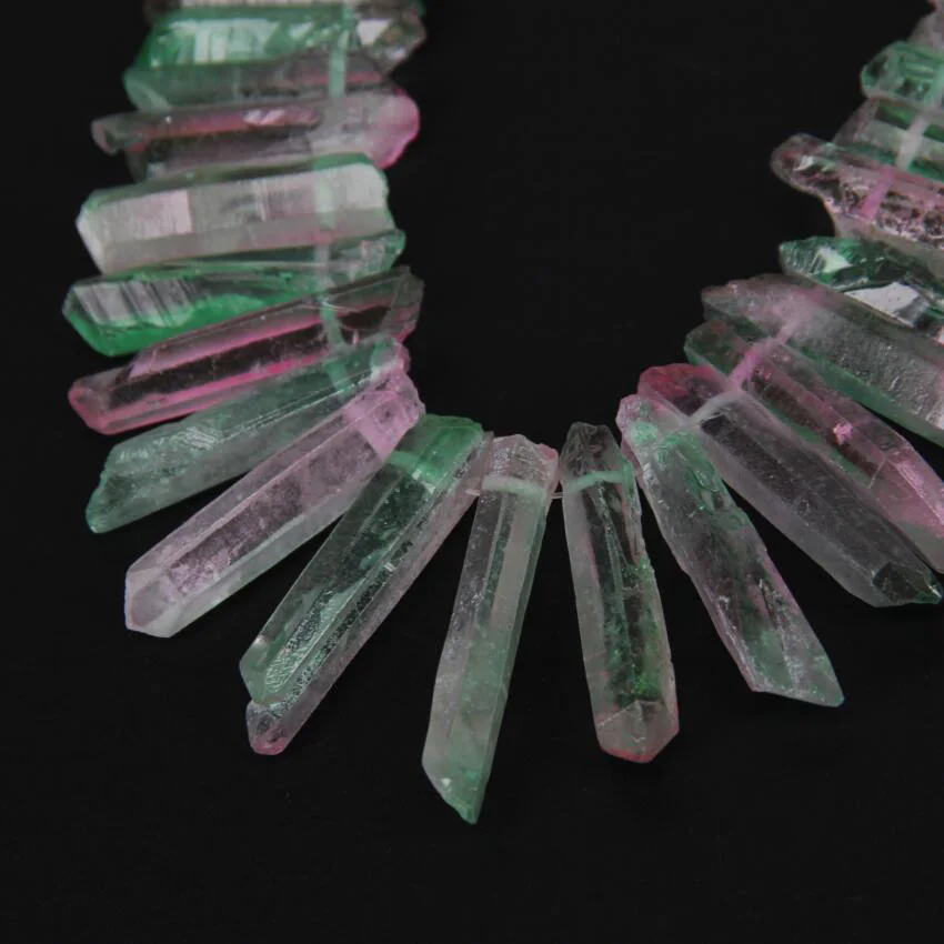 

Green Pink color Natural Quartz Graduated Tusk Spike Loose Beads Pendants strand,Top Drilled Raw Crystals Stick Pendants Points
