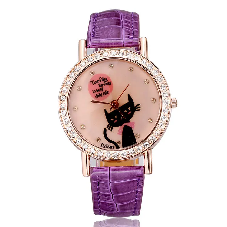 Watches women luxury brand rose gold pu leather strap watches crystal rhinestones cute cat fashion casual designer dropship | Наручные