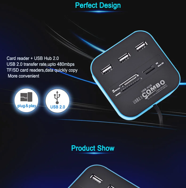 BinFul usb-хаб 2,0 480 Мбит/с USB комбинированный Кардридер Все в одном Мульти USB разветвитель для MS, M2, SD/MMC, TF портативный для портативных ПК