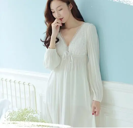 Женская кружевная ночная рубашка с V образным вырезом|princess nightgown|dress sleeplong nightdress |