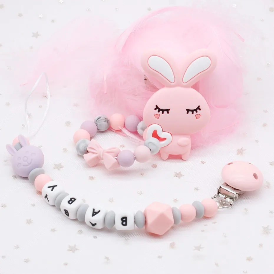 Pink Кролик, соска, зажим, цепь, соска, зажимы, детские зубы, игрушка, соска, держатель, фиксатор, клипса, детский жевательный успокоитель, цепочка, костюм - Цвет: Pink