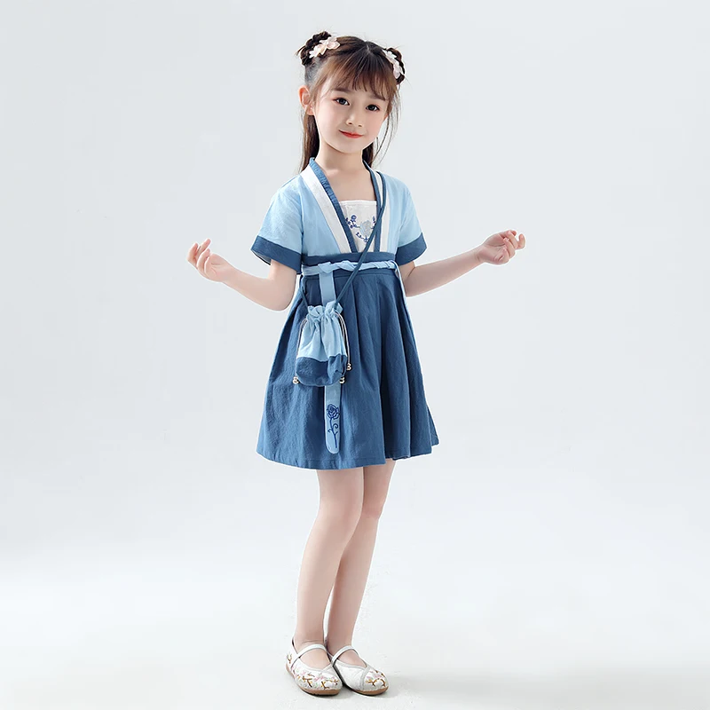 Chinese Style Blue Folk Dance Costume Kids Hanfu Clothes Girls Ancient And Traditional Tang Suit Wear DQL477 | Тематическая одежда