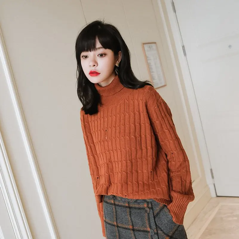 Для женщин повторяющийся кабель вязать Pattren рваные Ribbed Turtleneck толстый свитер
