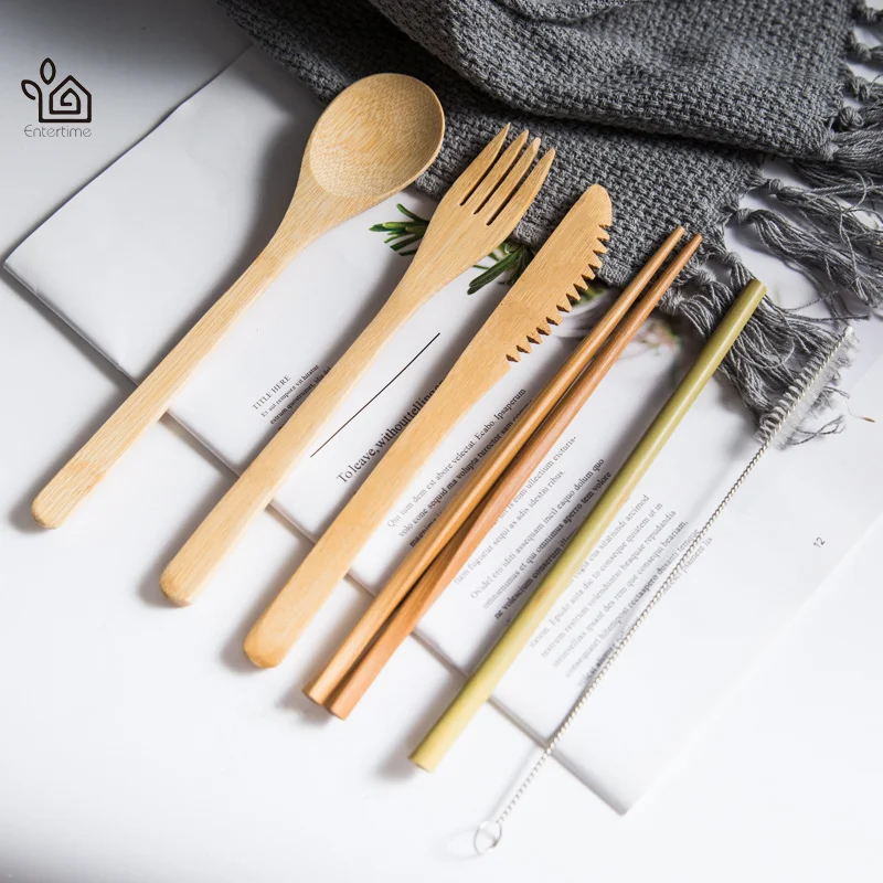 Entertime Экологичные 7 частей набор столовых приборов Bamboo дорожные столовые приборы