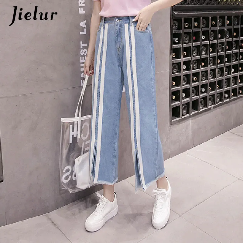 Jielur, консервативный стиль, с карманами, в полоску, джинсы для женщин, Kpop, новинка, плюс размер, джинсы, Mujer, с кисточками, широкие, джинсовые штаны, Повседневная Уличная одежда - Цвет: Синий