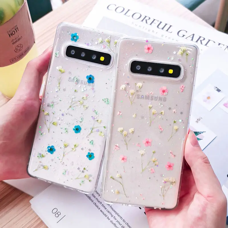 Прозрачные блестящие чехлы с высушенными цветами для samsung Galaxy S10 S9 Plus, прозрачные блестящие накладки на заднюю панель с настоящими цветами для Galaxy S9