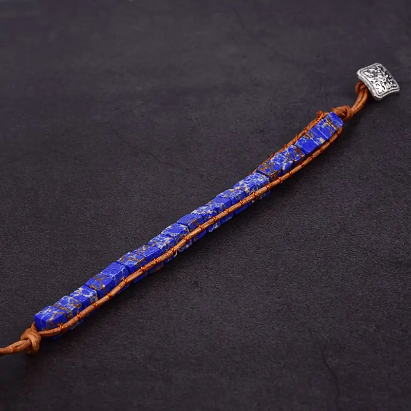 XJ Handmade Blue emperor stone Thread Tube Beads Leather Cowhide Rope Wrap Bracelets Jewelry Women Gift | Украшения и аксессуары