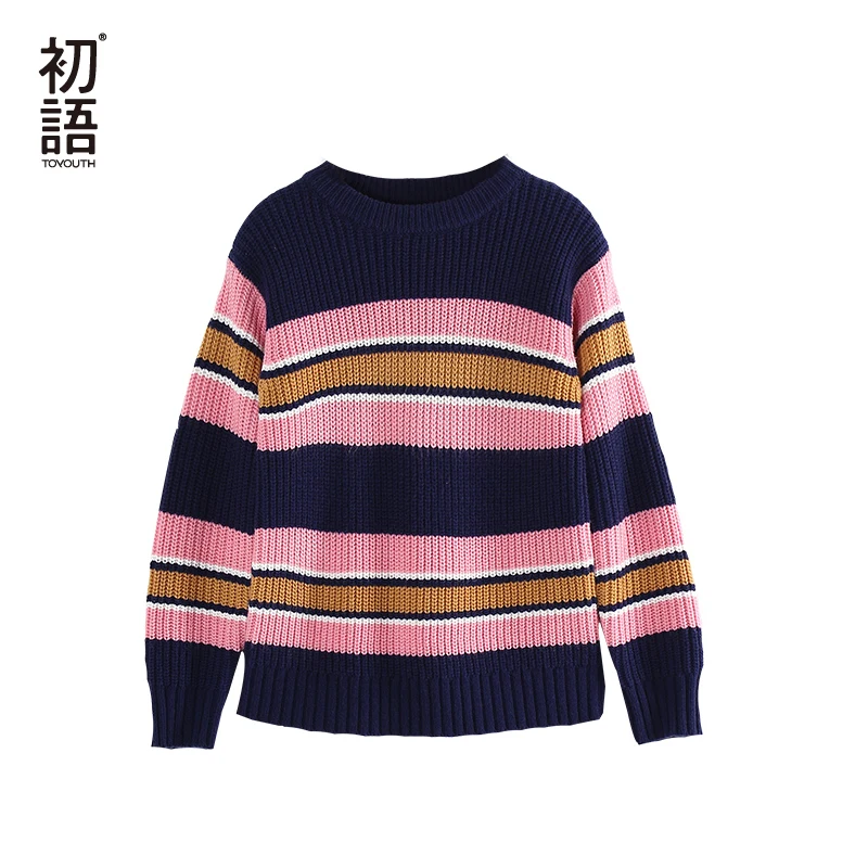 

Toyouth Striped Long Sleeve Women Pullovers Round-Neck Casual Female Sweaters Loose Stylish Knit Sweater Plus Size Ladies Tops