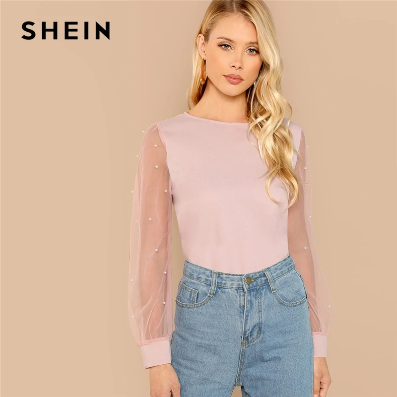 SHEIN Блузка С Прозрачными Рукавами Бусинами Нарядная Длинными Сетчатыми Рукавами|