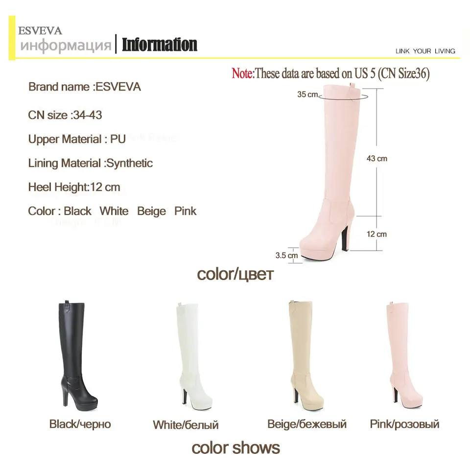

ESVEVA 2020 Women Boots PU Leather Fashion Round Toe Knee-high Boots Slip on Synthetic Platform Ladies Long Shoes Size 34-43