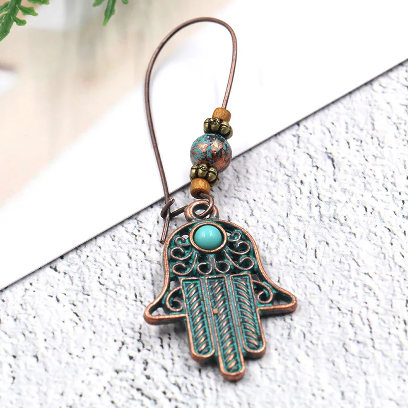 Женские винтажные серьги-подвески Hamsa из зеленой бронзы и латуни с натуральным