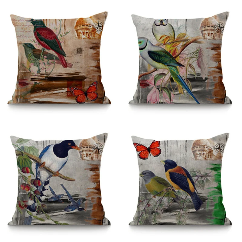 

Vintage Cushion Retro Decorative Pillow Bird Flower Print Linen Cushion For Sofa Car Home Decor Throw Pillows 45x45cm
