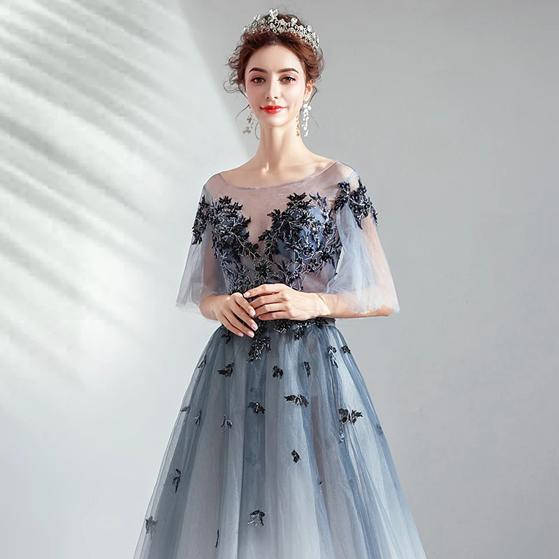 SSYFashion Новое банкетное элегантное вечернее платье для женщин длиной до пола с кружевной аппликацией и бисером Темно-синее торжественное платье Robe De Soiree