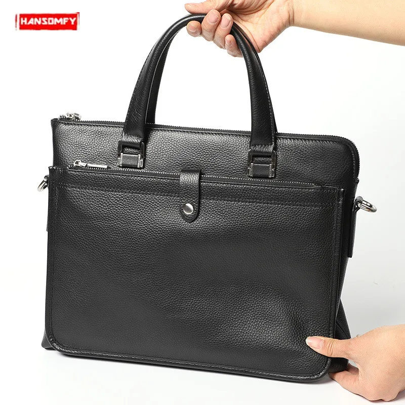 New Genuine Leather Men Handbags Ladies Business Briefcase Computer Bag Leather 14 Inch Laptop Shoulder Messenger Bag Black Male