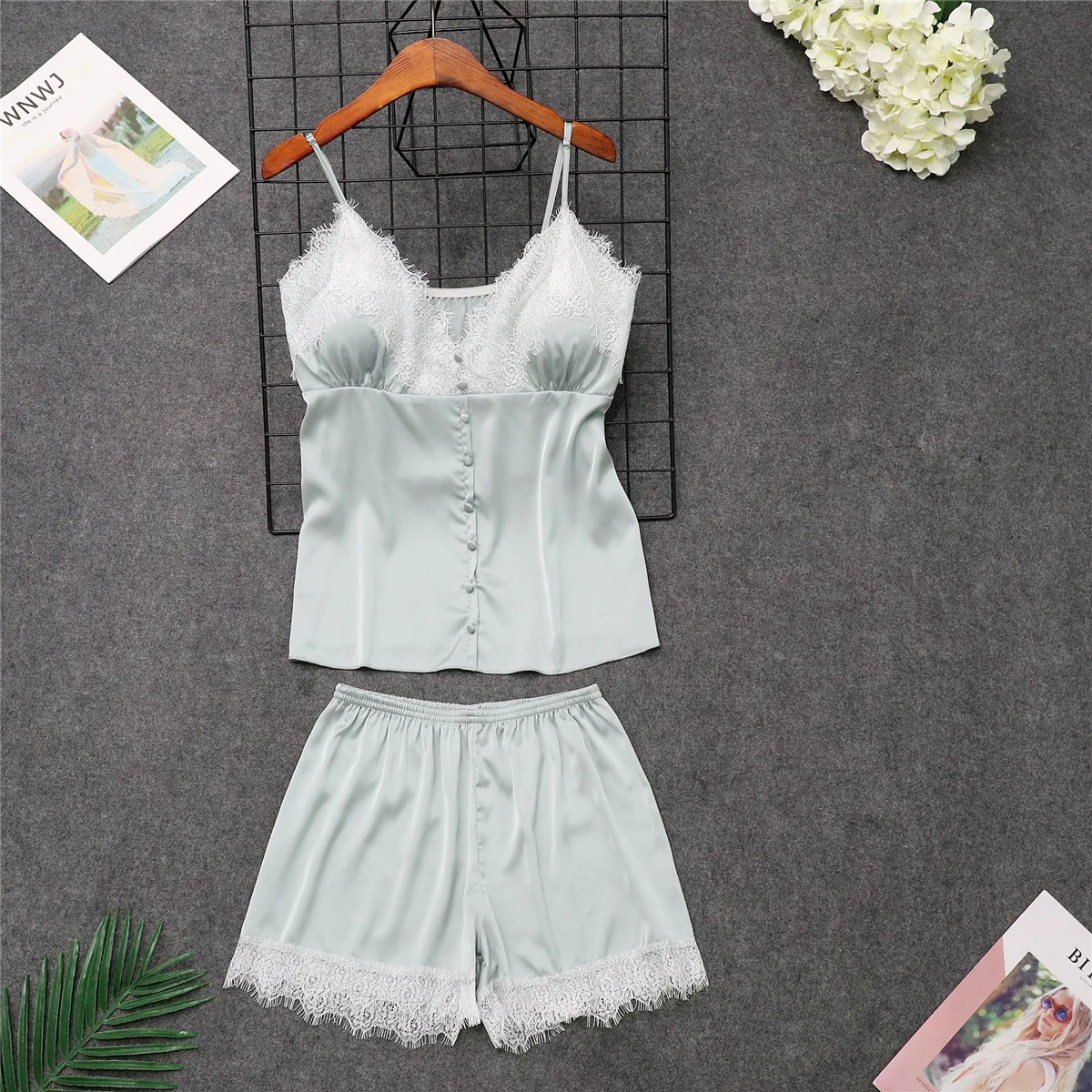 Черный летний сексуальный Пижамный халат одежда для сна Женский комплект из 2