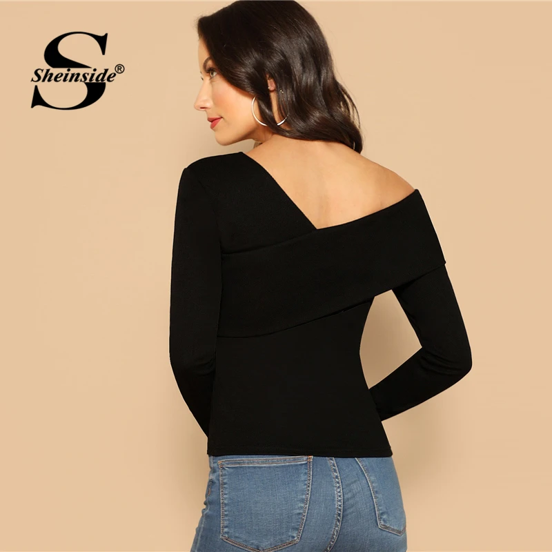 Sheinside черные модные Асимметричные облегающие топы с отворотами и одноцветной отделкой для женщин Весенняя элегантная эластичная футболка с открытыми плечами