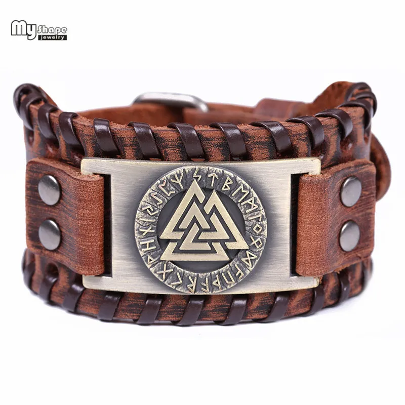 

My Shape Slavic Norway Valknut Amulet Leather Bracelets Bangles for Men Scandinavian Viking Nordic Runes Metal Bracelet Jewelry