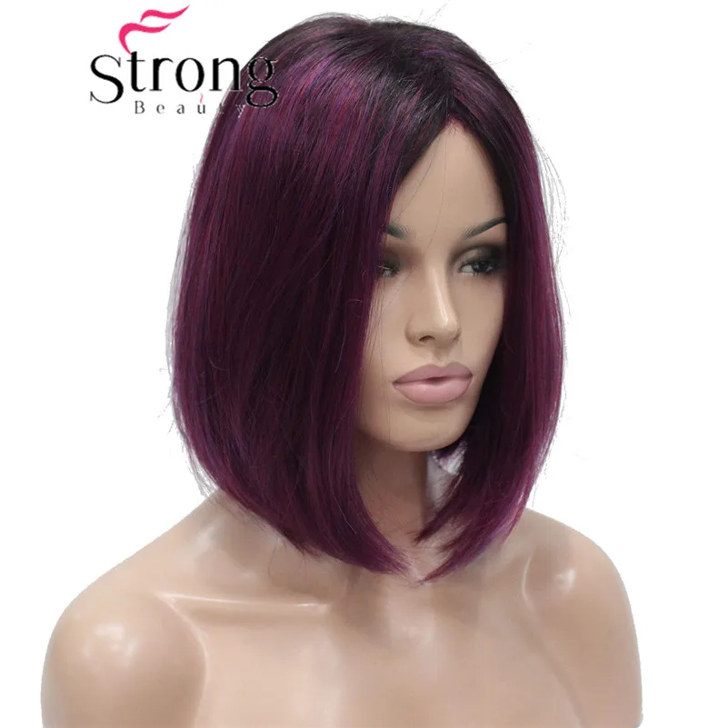 StrongBeauty угловой боб парик Омбре Глубокий фиолетовый темный корень полночная ягода синтетические волокна короткие парики