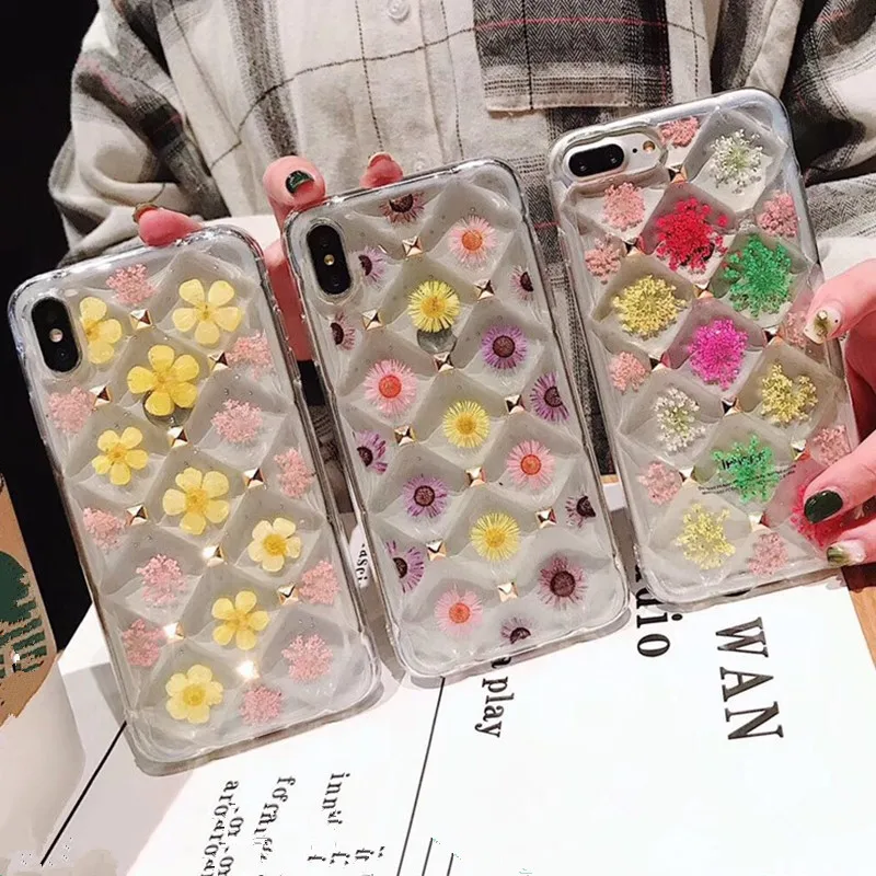 Luxury Lattice Transparent 3D Rivets Cute Real Dried Flowers Soft Silicone Phone Case for iPhone X XR XS MAX 7 8 6 6S Plus Cover |