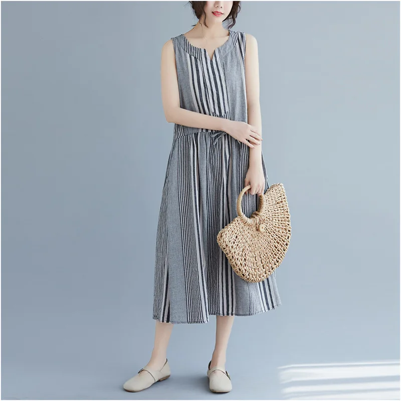 2019 Summer Women Striped Print Bohemian Short Sleeve Loose Party Cotton Linen Waist Belts Vestido Casual Dress Plus Size | Женская