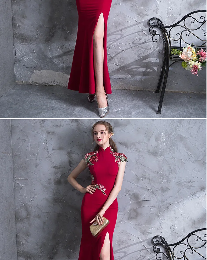 Высокое качество вышивка современный Cheongsam красный сексуальный Qipao длинное традиционное китайское платье Восточный стиль платья Vestido De China