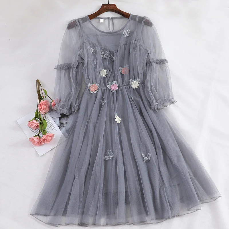 Neploe/весеннее милое платье для девочек, приталенное платье, Vestido+ Camis, 2 предмета, г., вышивка, Бабочка, круглый вырез, рукав-фонарик, сетка, Jupe 43016 - Цвет: grey