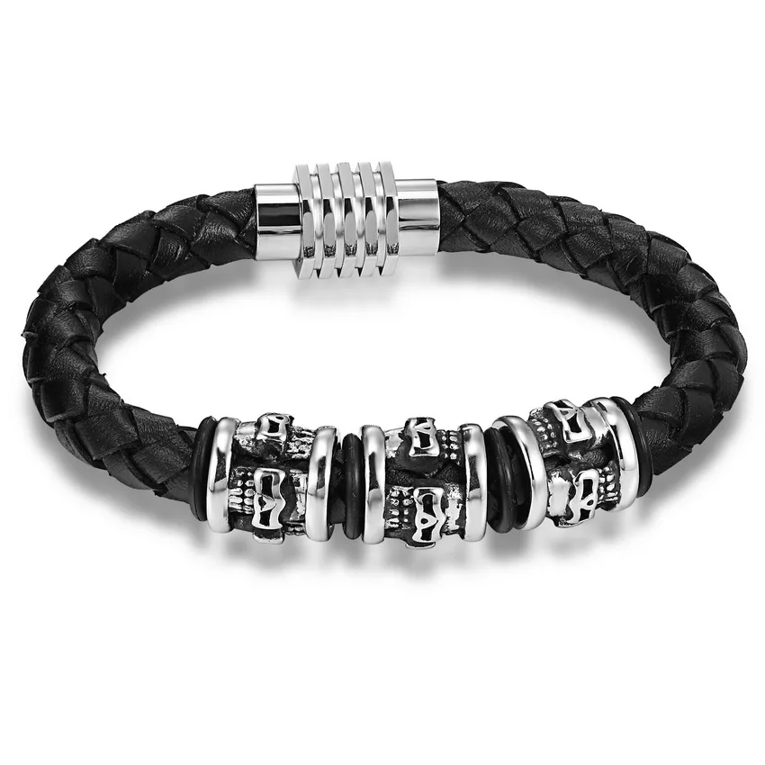XQNI плетеный браслет, не выцветающая веревка, цепочка, черные браслеты из натуральной кожи, аксессуары в виде скелета для мемориального подарка, скидка - Окраска металла: style 3