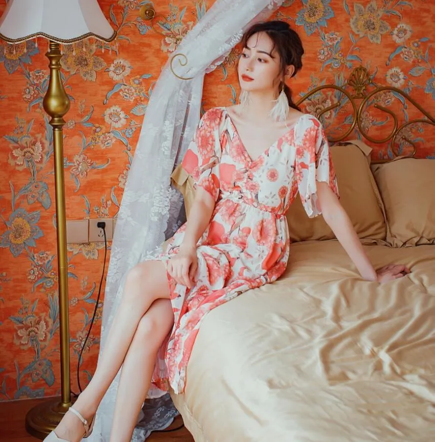 Женское винтажное платье с цветочным принтом v-образным вырезом коротким рукавом