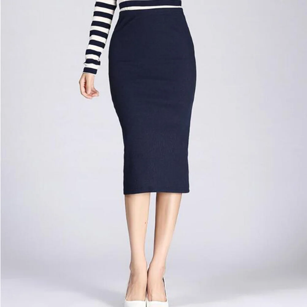 dark blue 1 шт. Однотонная юбка-карандаш трикотажная эластичная Офисная Женская юбка с высокой талией черная модная красная длинная юбка Лидер продаж - Цвет: dark blue