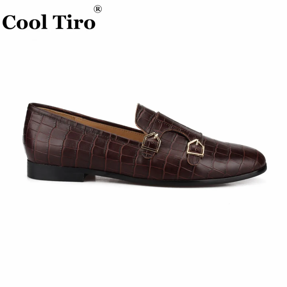 COOL TIRO Crocodile print Double-Monk Loafers Men Moccasins SmokingSlippers Wedding Dress Shoes Men's Flats Casual Leather | Обувь