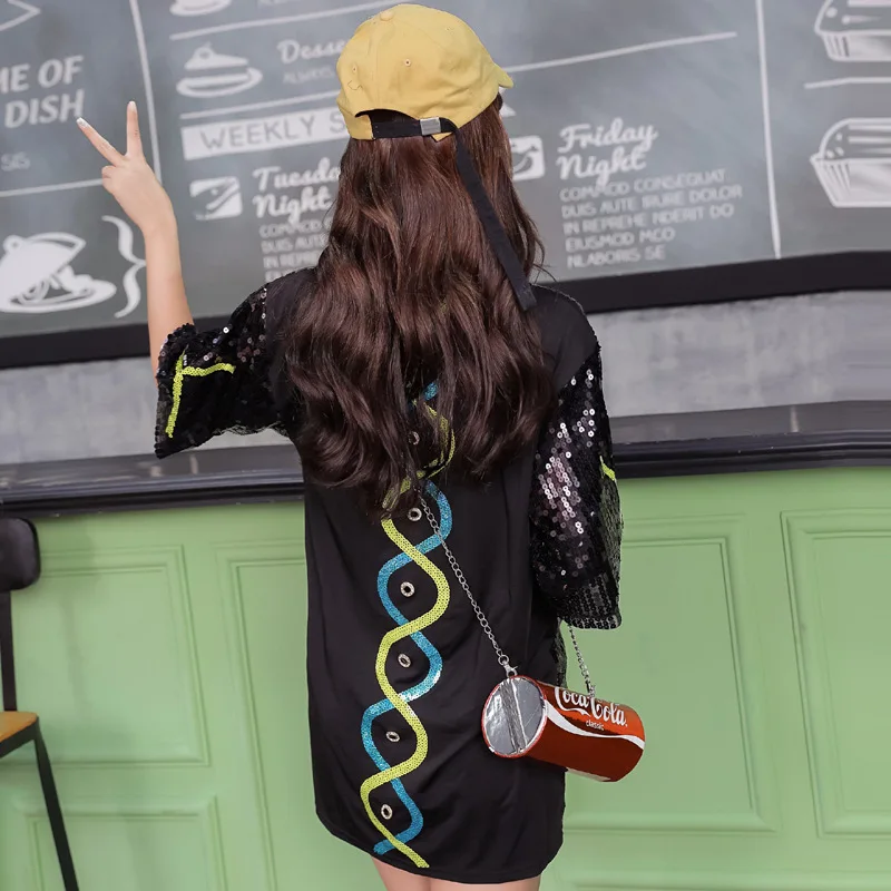 

European station 2020 new ladies sequin short-sleeved T-shirt female long section loose thin dress tide card