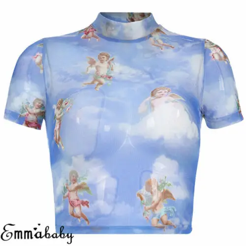 2019 модная футболка с принтом ангела коротким воротником Сетчатая рукавом