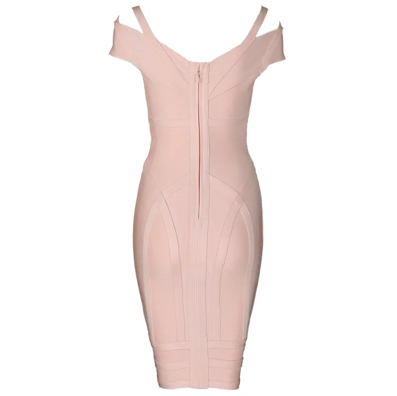 Высококачественное розовое Бандажное платье до колена с открытыми плечами из