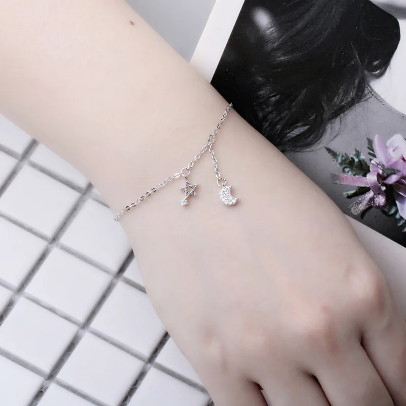 

FENGLI Simple Trendy CZ Moon Star Tassel 925 Silver Color Bracelet for Women Girl Summer Breach Chain Bangle Jewelry Gift