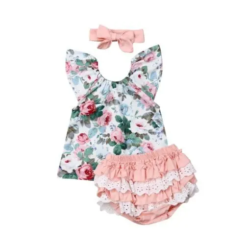 

Sweet Toddler Kids Baby Girl Floral Shirt Tops Headband Shorts Outfits Clothes