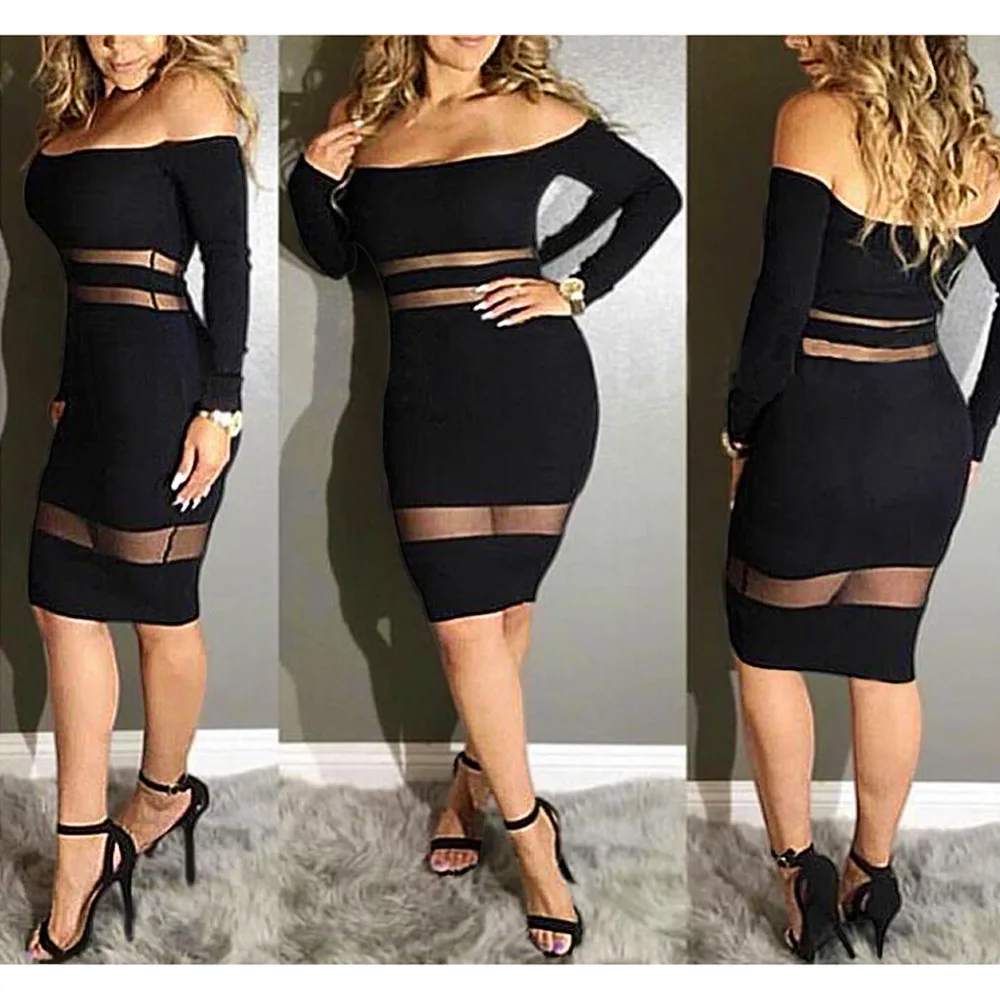 Slash Neck Off The Shoulder See-Though Dress Empire Hot Sale Fashion sexy Women Pub Celebrity Body Con Party Dresses Wholesale | Женская
