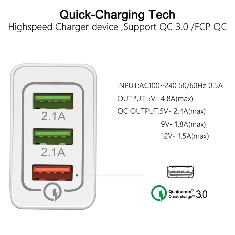 Сетевое зарядное устройство с 3 USB портами Quick Charge 0 дорожное адаптер для Apple iPhone