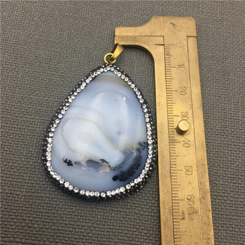 

MY0560 Natural Gray Water Drop Agates Paved Rhinestone Pendant Charm Teardrop Agates Necklace Pendant