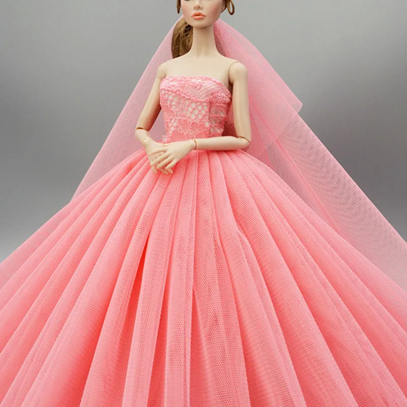 

Coral Doll Dress For Barbie Doll Clothes Outfits High Quality Evening Party Gown Wedding Dresses +Veil 1/6 Doll Accessories