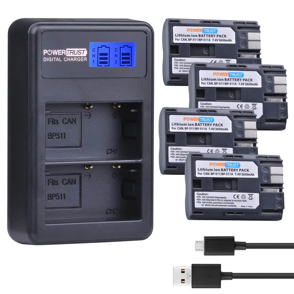 2 шт. 2650 мА/ч, BP-511 BP 511 BP511 BP511A Батарея+ ЖК-дисплей USB Dual Зарядное устройство для цифровой однообъективной зеркальной камеры Canon EOS 40D 300D 5D 20D 30D 50D - Цвет: 4 Battery Set
