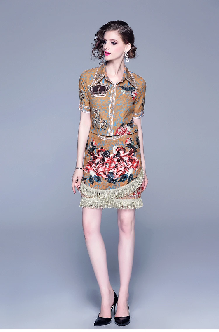 

Spring Summer Runway 2pcs Women Set Retro Vintage Print Short Sleeve Shirt Tops Blouse + Luxury Tassels Mini Skirt Suits CC249