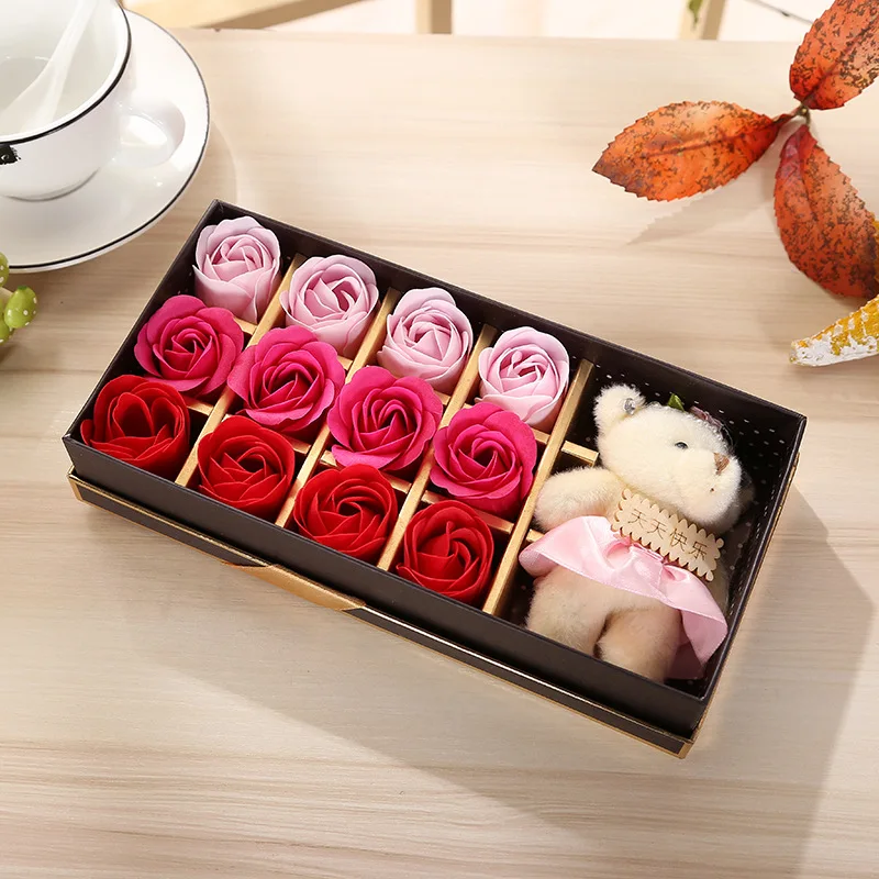 

12 Roses with Cute Bear Doll Set Scented Bath Soap Rose Soap Flower Petal with Gift Box for Wedding Valentine's Day Love Gift