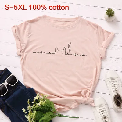 pink SINGRAIN, мультяшная Милая женская футболка, летняя, короткий рукав, хлопок, топы, кошка, животный узор, футболка размера плюс, больше, футболка - Цвет: pink