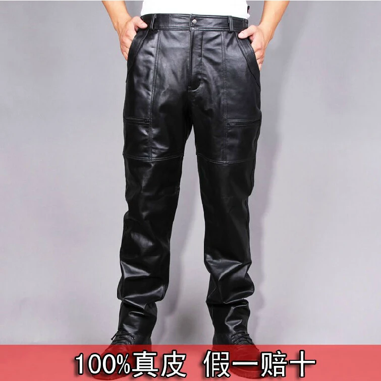 30-40 ! New Hot Pants To Keep Warm In Winter Black Men's Really Goatskin Trousers Genuine Leather Plus Size Leather Pants