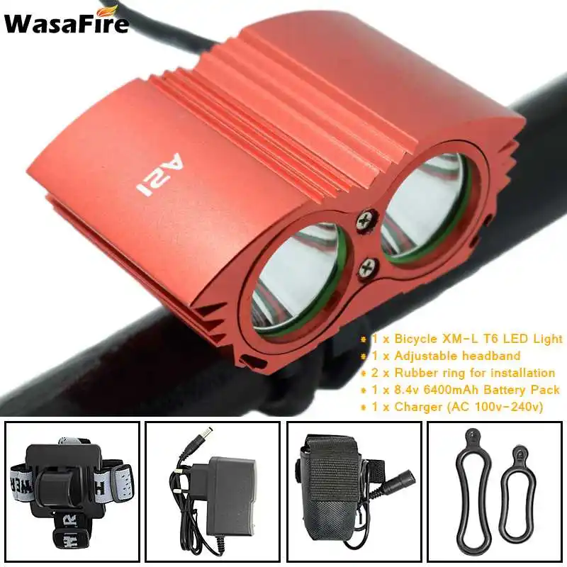 WasaFire 3600lm 2 * XML T6 Водонепроницаемый светодиодный велосипедный фонарь Передний 18650